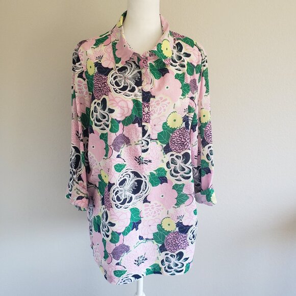 Talbots Tops - Talbots Blouse 1/2 Button Popover Lightweight Artsy Floral Roll Tab Sleeve Sz M